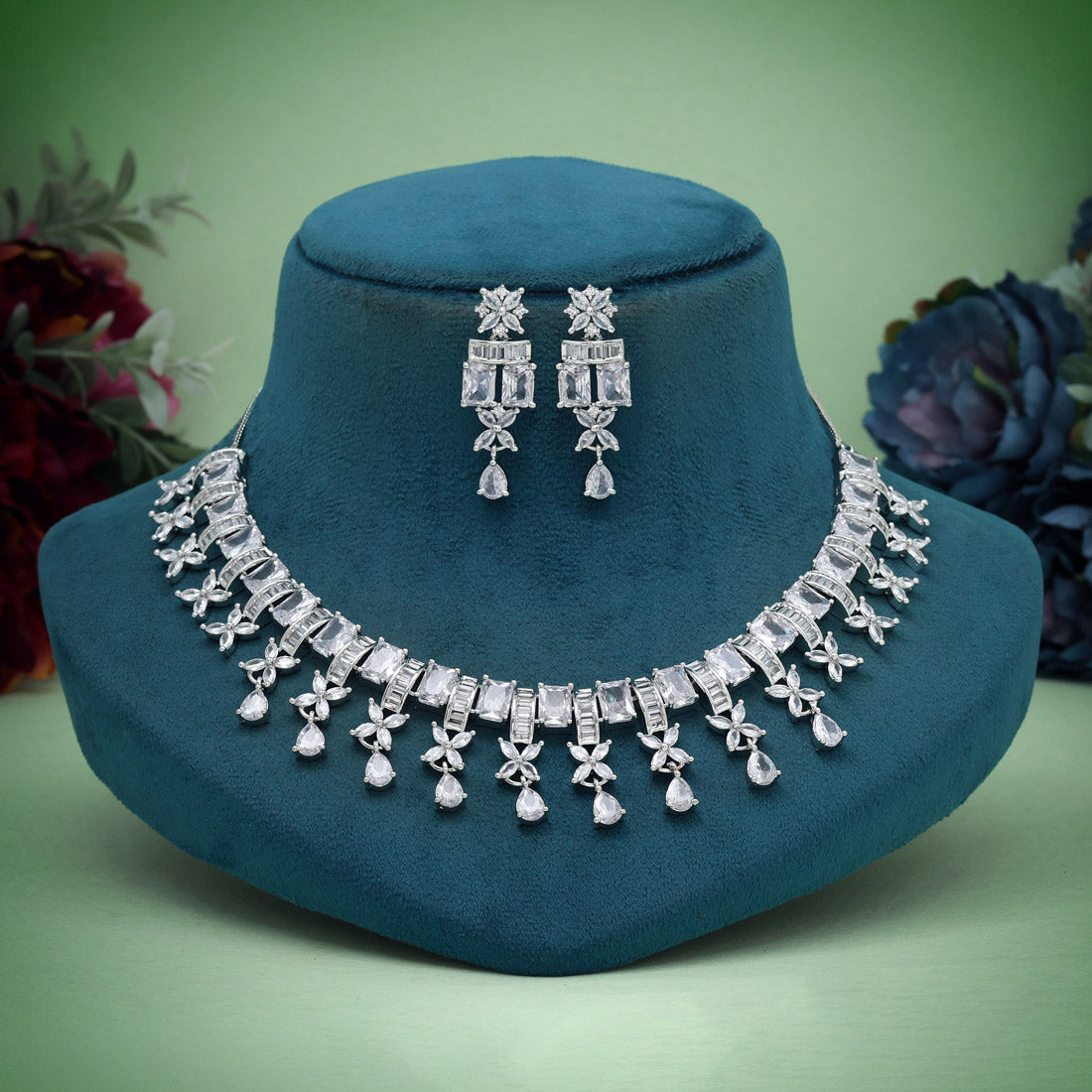 Silver Color American Diamond Necklace Set (CZN1016SLV) - preyans.com