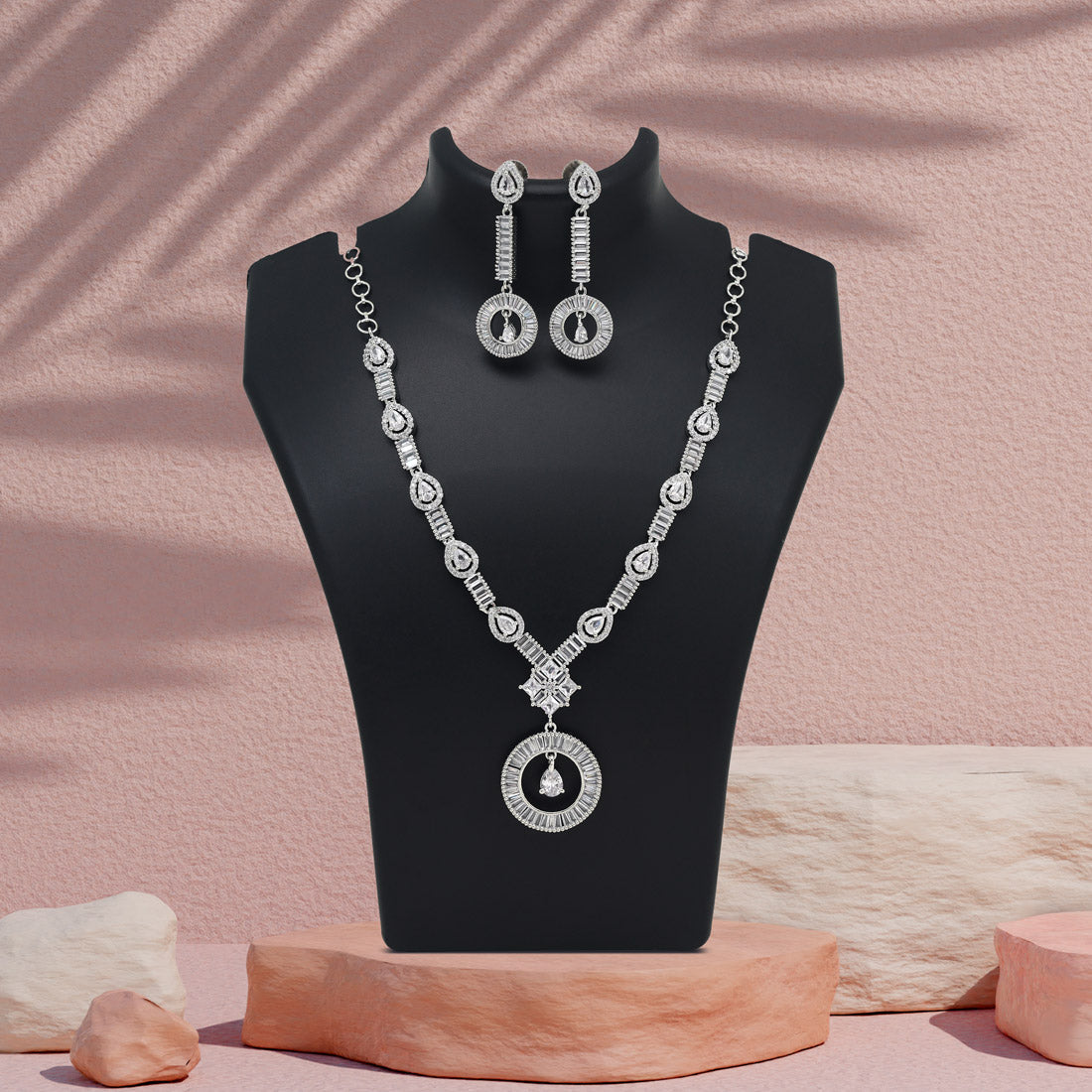 Silver Color American Diamond Necklace Set (CZN1017SLV) - Preyans.com