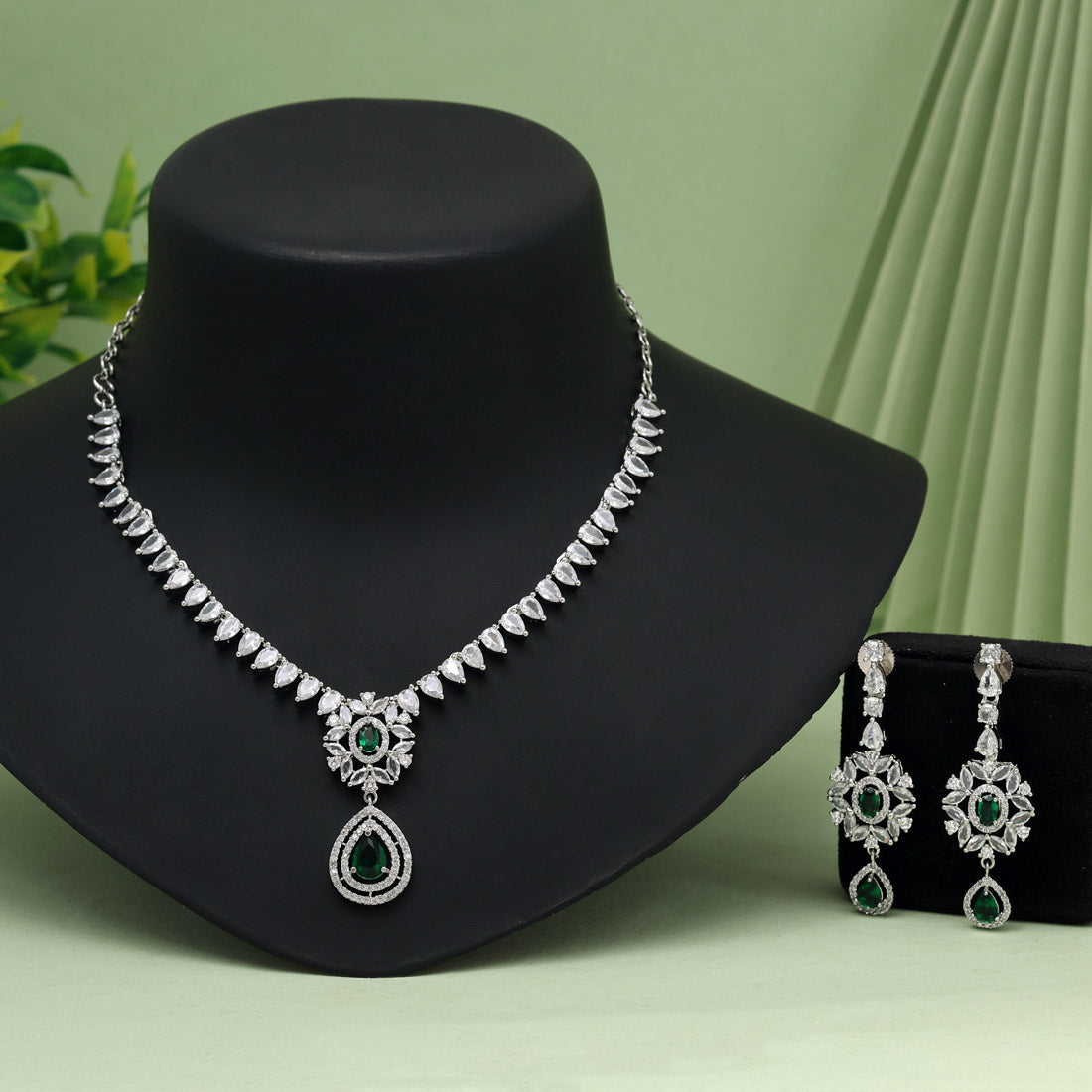 Green Color American Diamond Necklace Set (CZN1018GRN) - Preyans.com