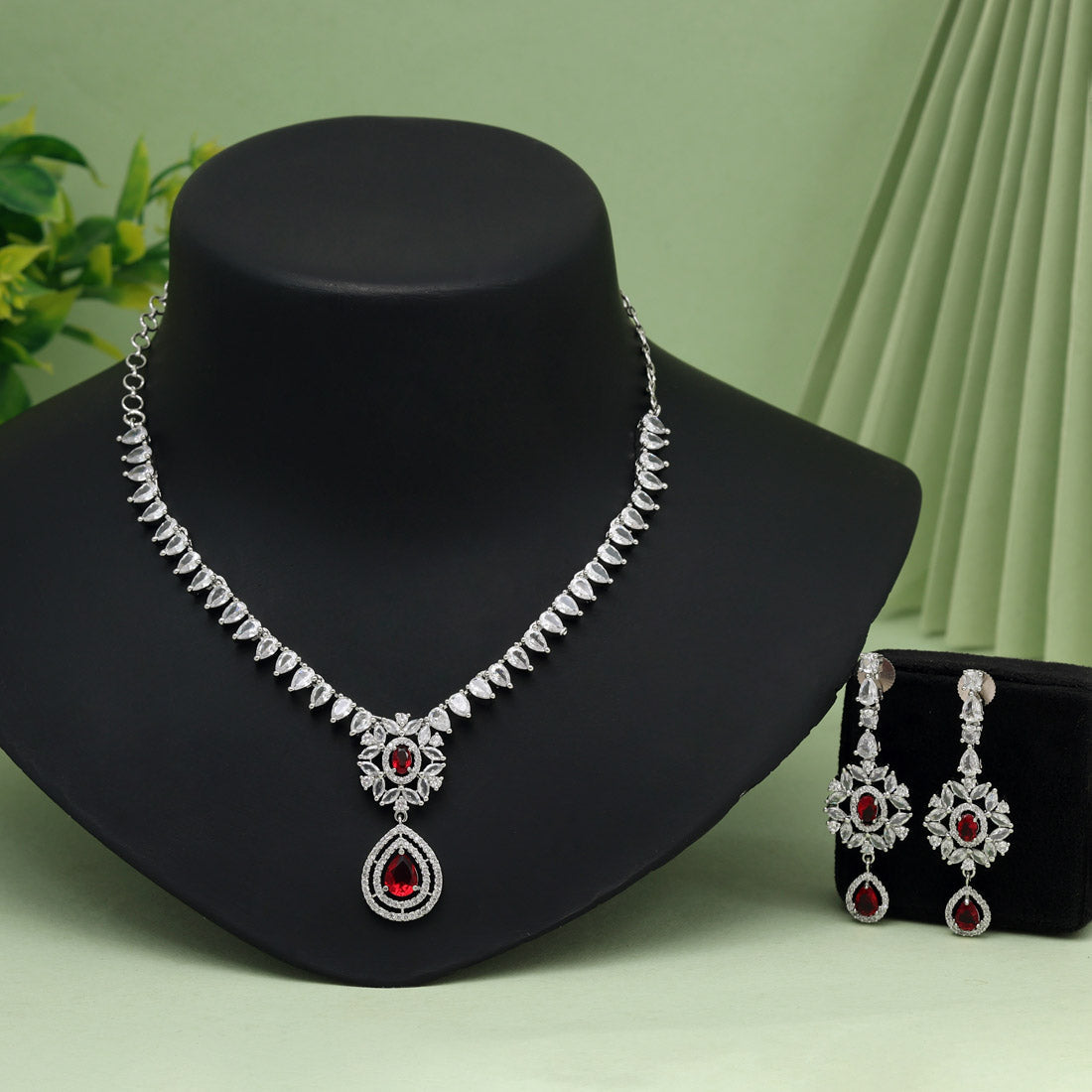 Red Color American Diamond Necklace Set (CZN1018RED) - Preyans.com