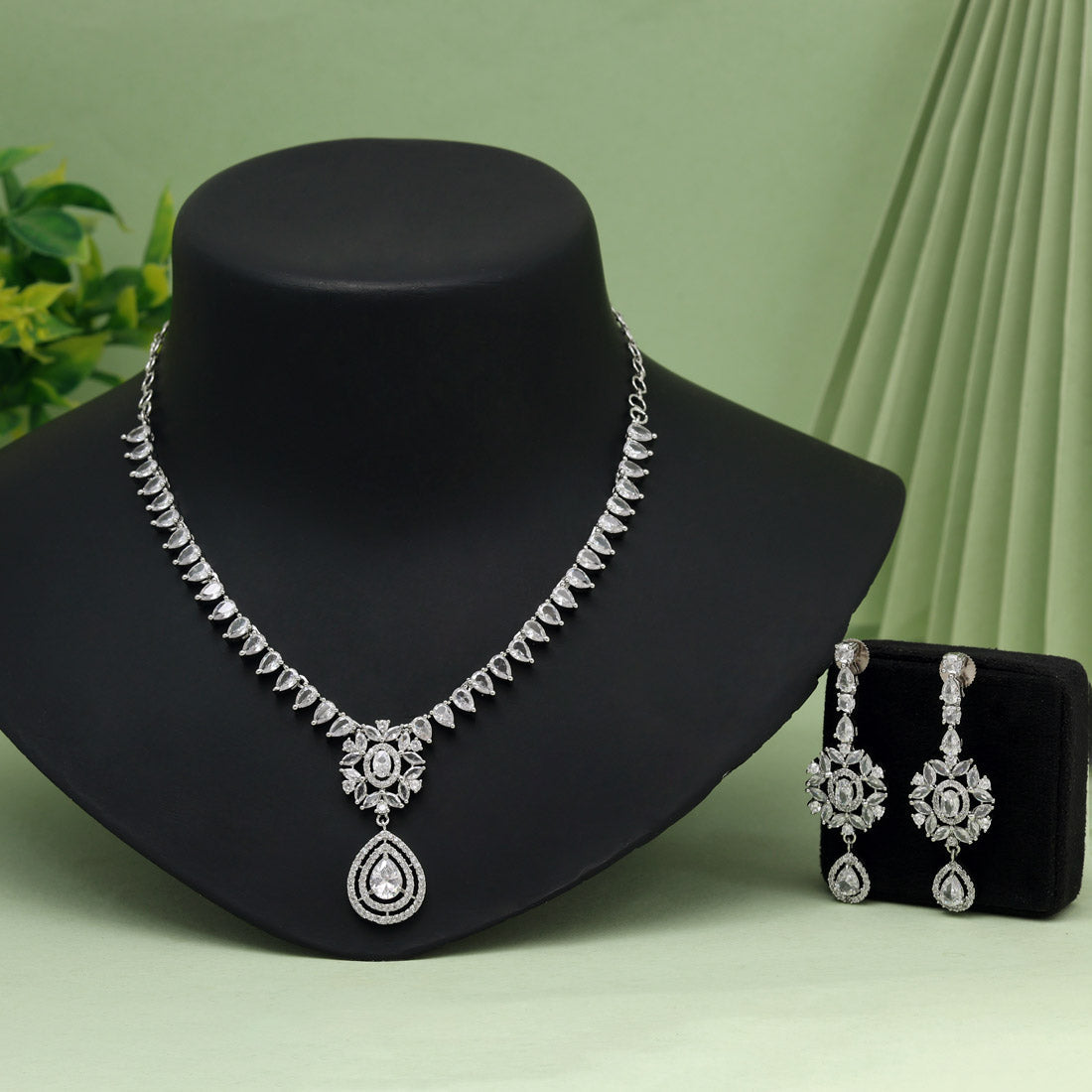 Silver Color American Diamond Necklace Set (CZN1018SLV) - Preyans.com