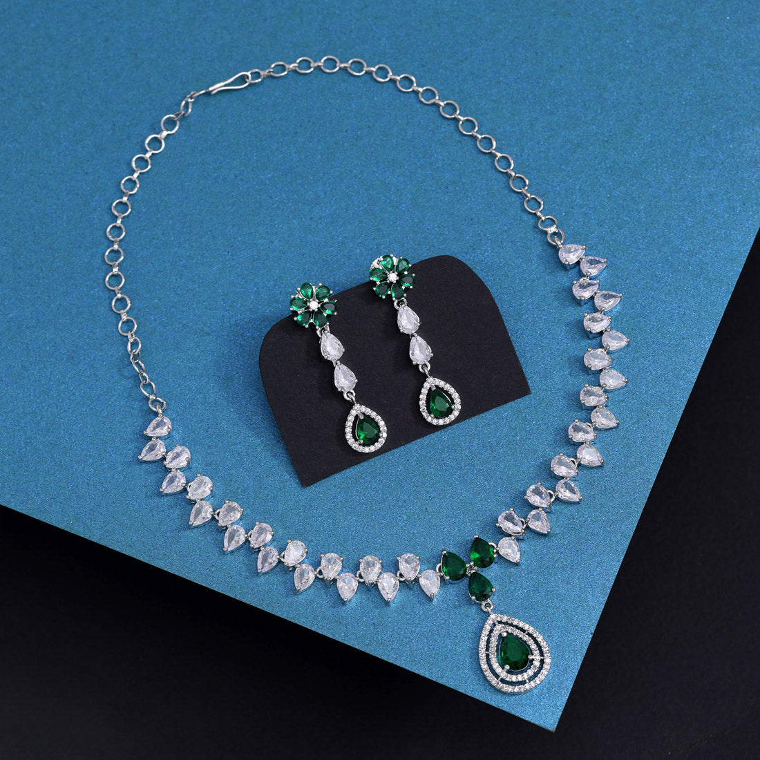 Green Color American Diamond Necklace Set (CZN1019GRN) - Preyans.com