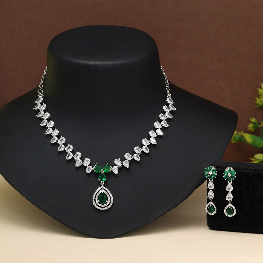 Green Color American Diamond Necklace Set (CZN1019GRN) - Preyans.com