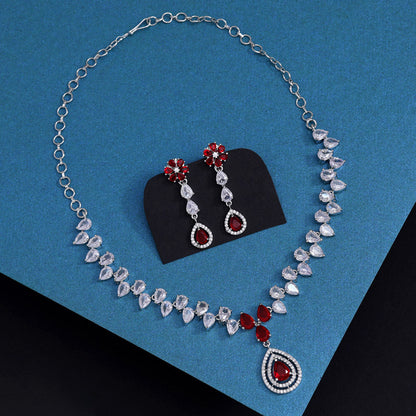 Red Color American Diamond Necklace Set (CZN1019RED) - Preyans.com