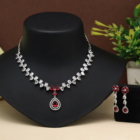 Red Color American Diamond Necklace Set (CZN1019RED) - Preyans.com