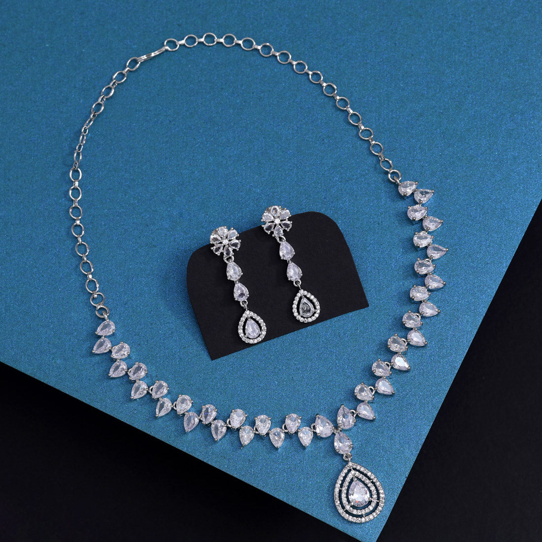 Silver Color American Diamond Necklace Set (CZN1019SLV) - Preyans.com