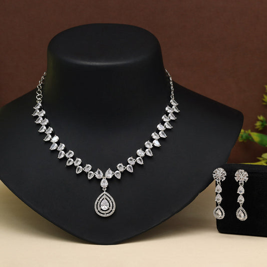 Silver Color American Diamond Necklace Set (CZN1019SLV) - Preyans.com