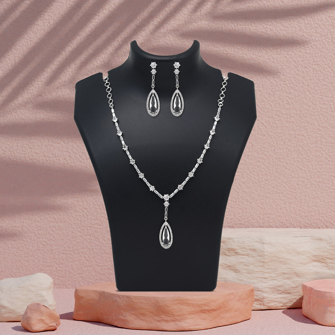 Silver Color American Diamond Necklace Set (CZN1020SLV) - Preyans.com