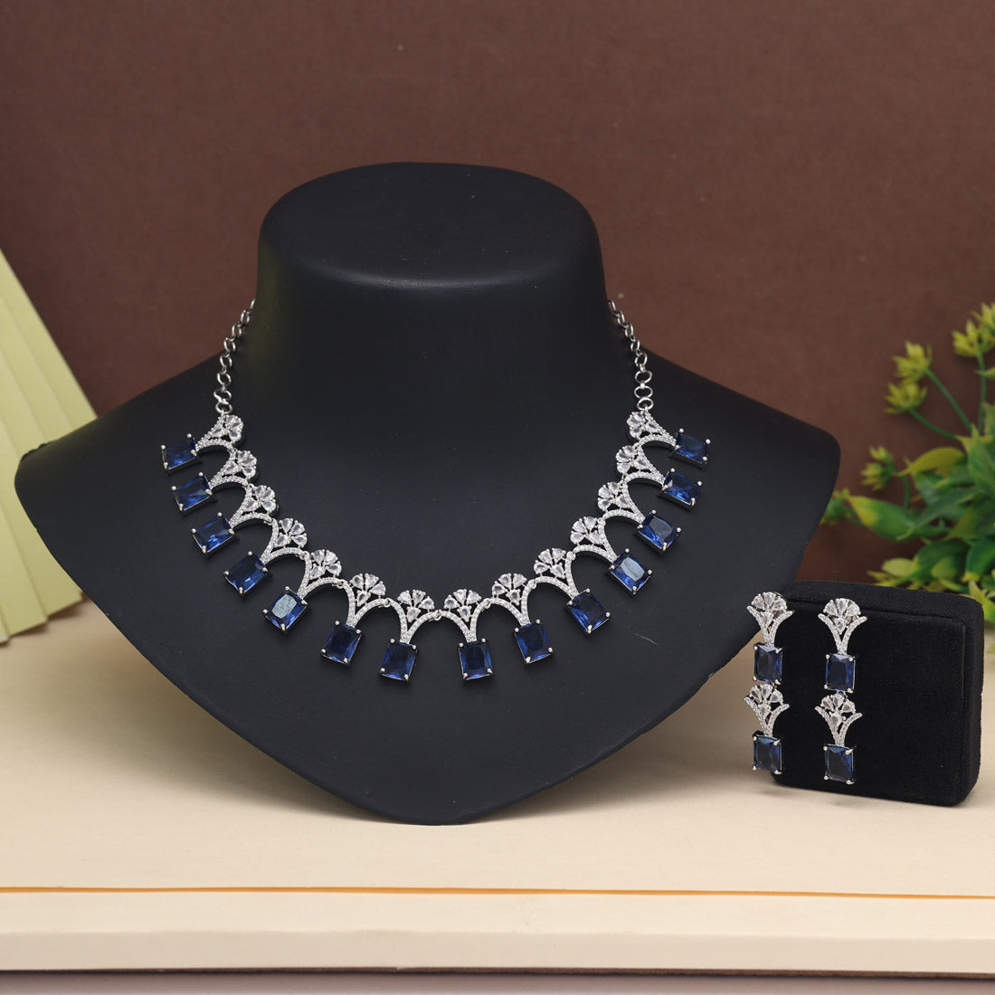 Blue Color American Diamond Necklace Set (CZN1021BLU) - Preyans.com