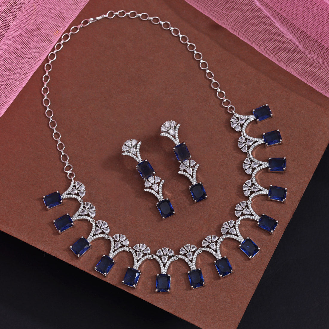 Blue Color American Diamond Necklace Set (CZN1021BLU) - Preyans.com