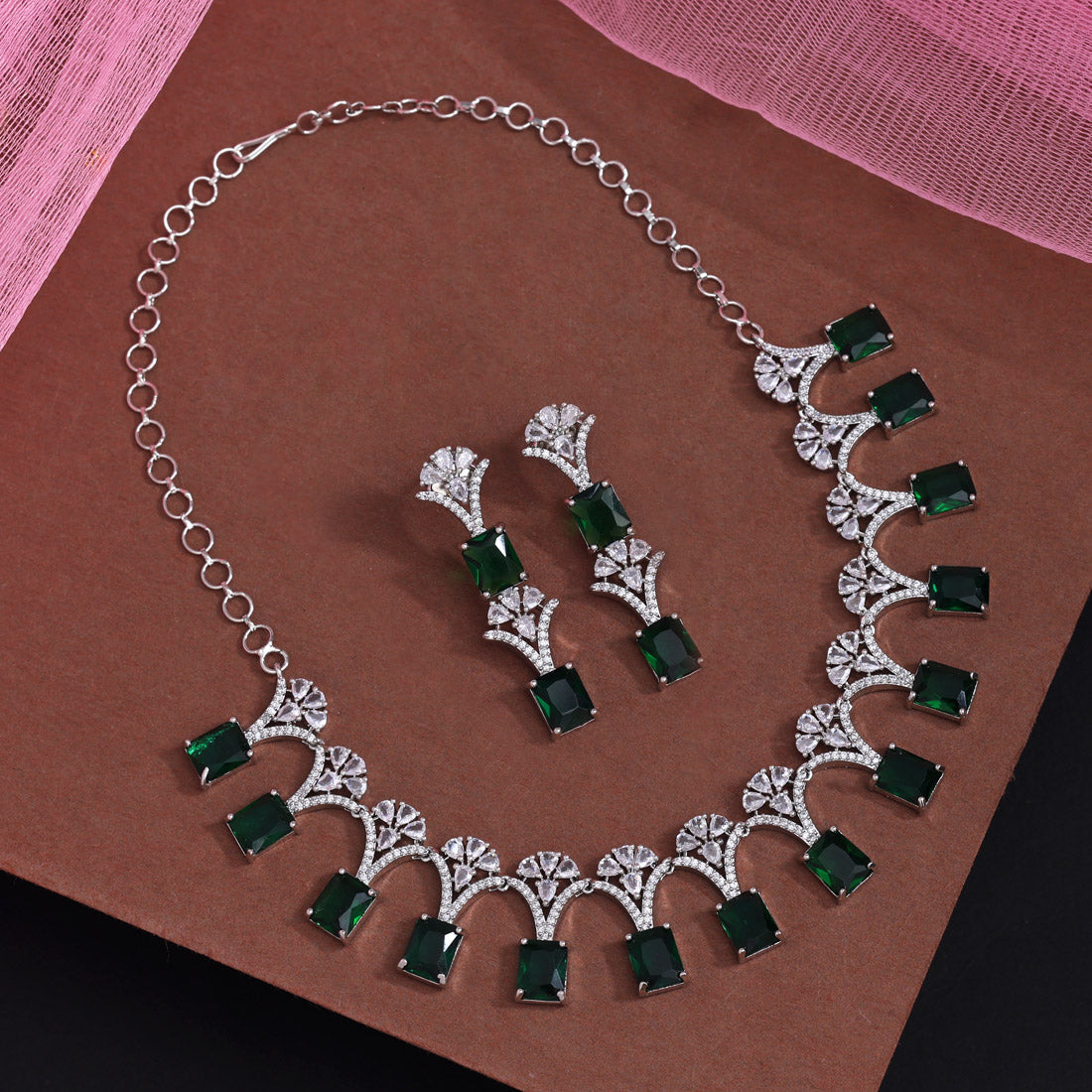 Green Color American Diamond Necklace Set (CZN1021GRN) - Preyans.com