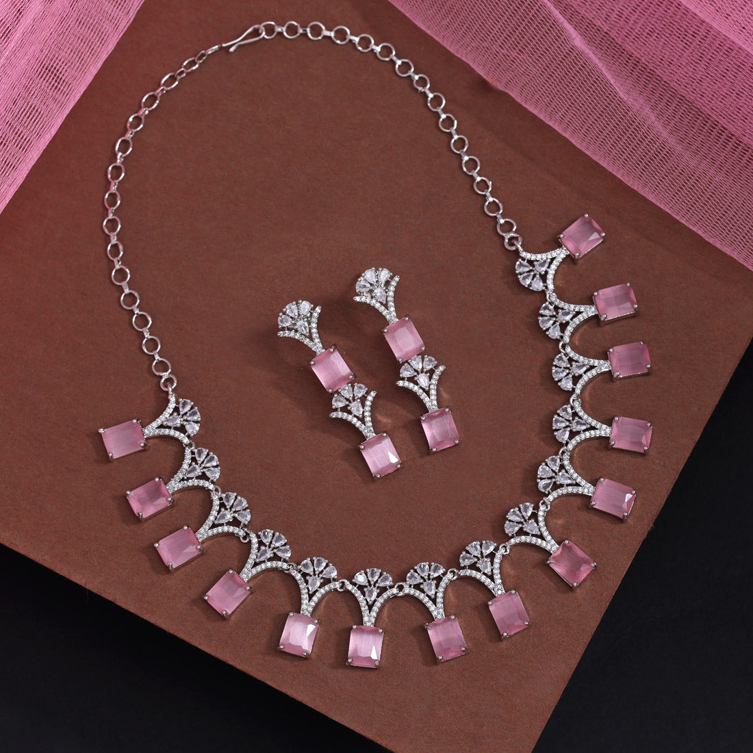 Pink Color American Diamond Necklace Set (CZN1021PNK) - Preyans.com