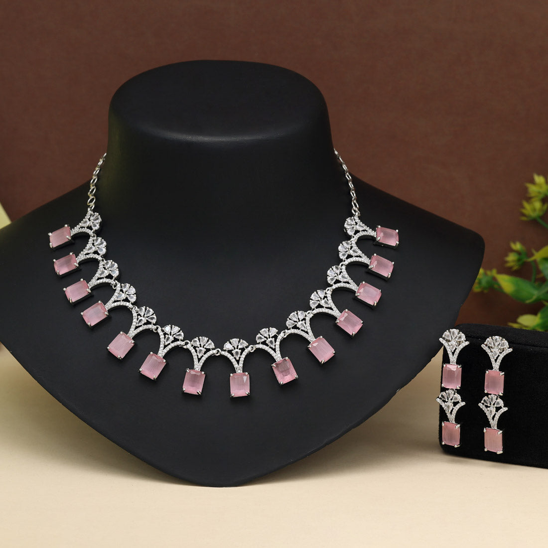 Pink Color American Diamond Necklace Set (CZN1021PNK) - Preyans.com