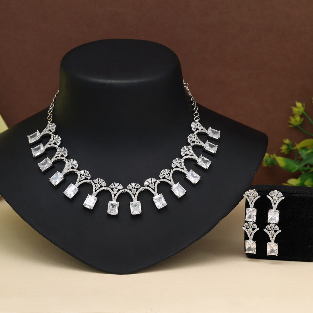 Silver Color American Diamond Necklace Set (CZN1021SLV) - Preyans.com