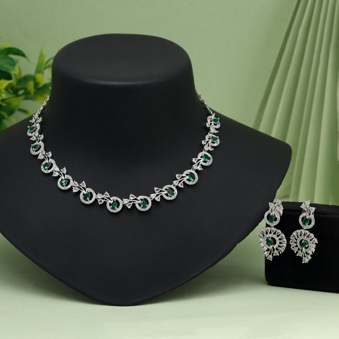 Green Color American Diamond Necklace Set (CZN1022GRN) - Preyans.com