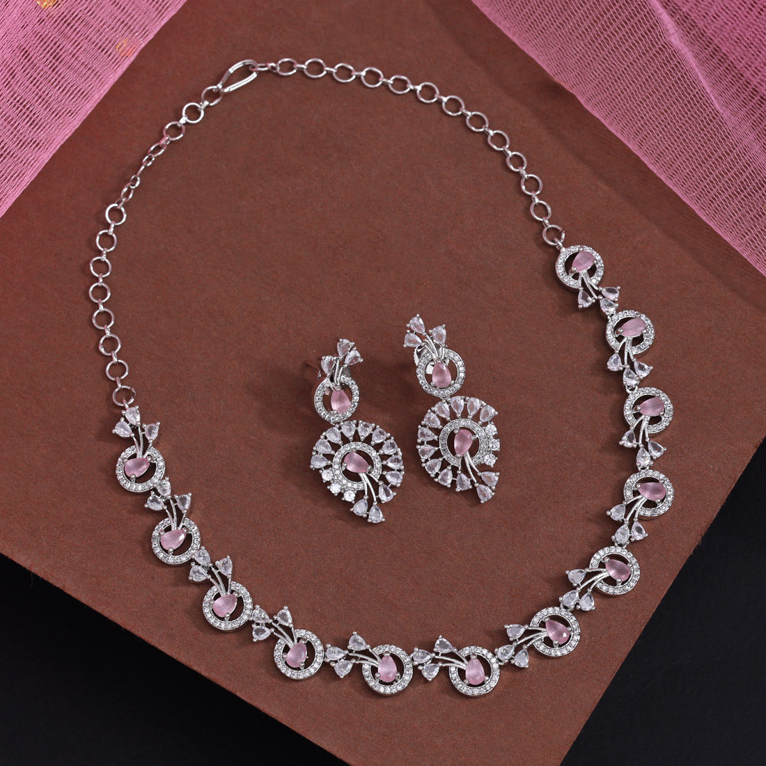 Pink Color American Diamond Necklace Set (CZN1022PNK) - Preyans.com