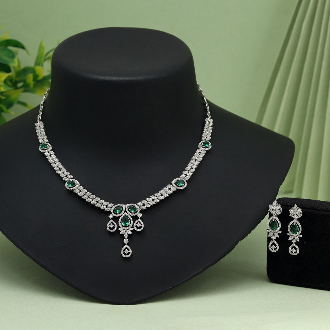 Green Color American Diamond Necklace Set (CZN1023GRN) - Preyans.com