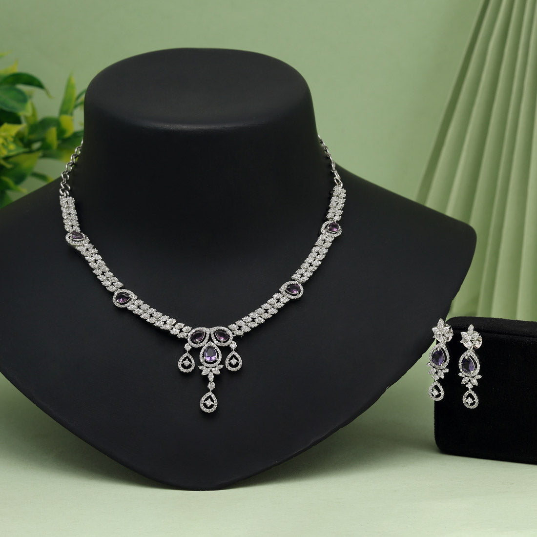 Purple Color American Diamond Necklace Set (CZN1023PRP) - Preyans.com