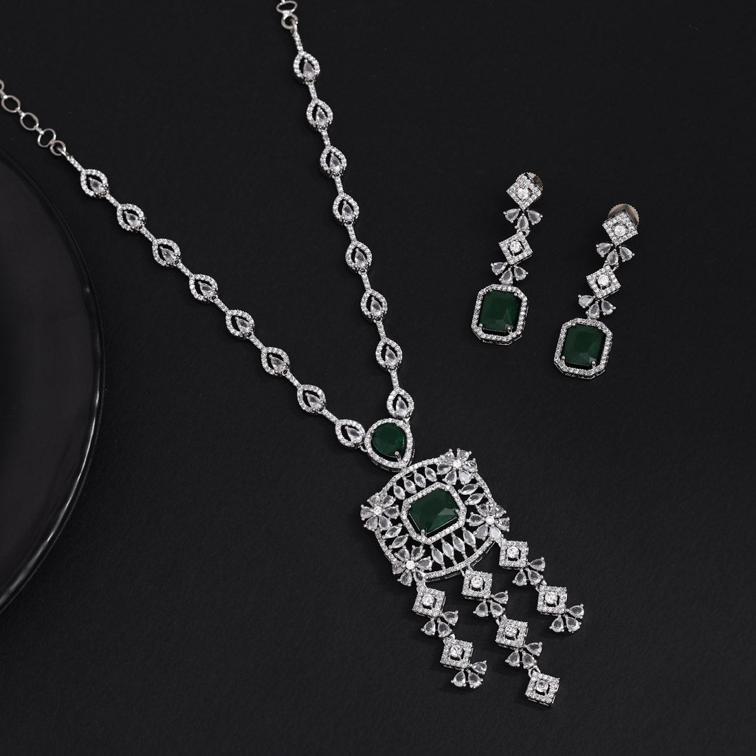 Green Color American Diamond Necklace Set (CZN1024GRN) - Preyans.com