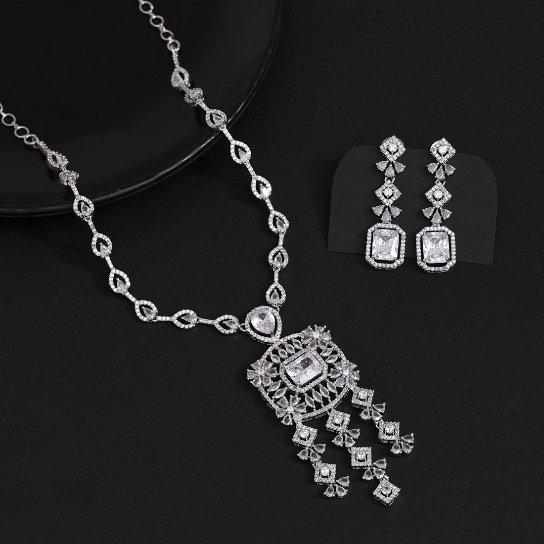 Silver Color American Diamond Necklace Set (CZN1024SLV) - Preyans.com