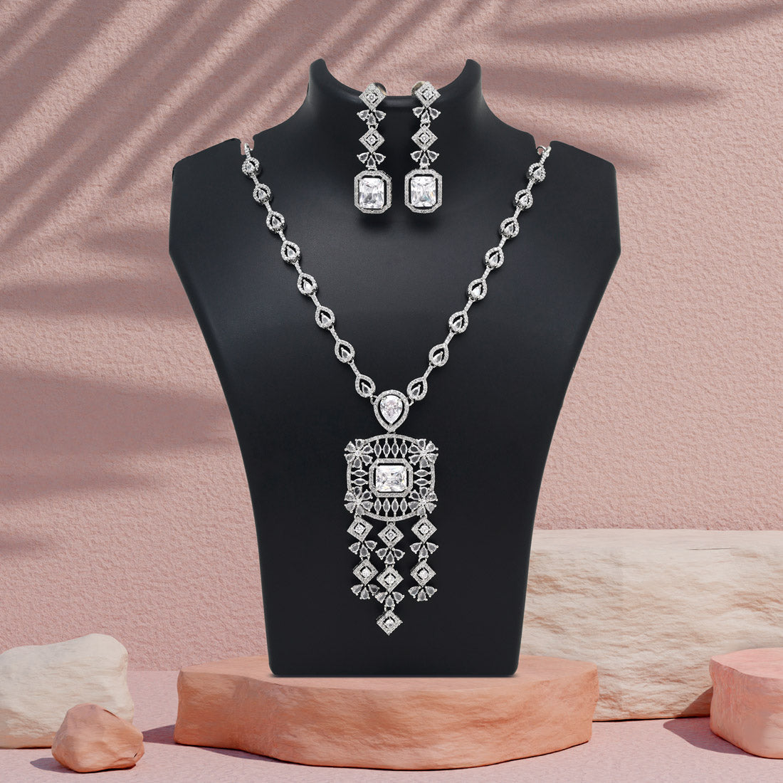 Silver Color American Diamond Necklace Set (CZN1024SLV) - Preyans.com