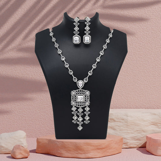 Silver Color American Diamond Necklace Set (CZN1024SLV) - Preyans.com