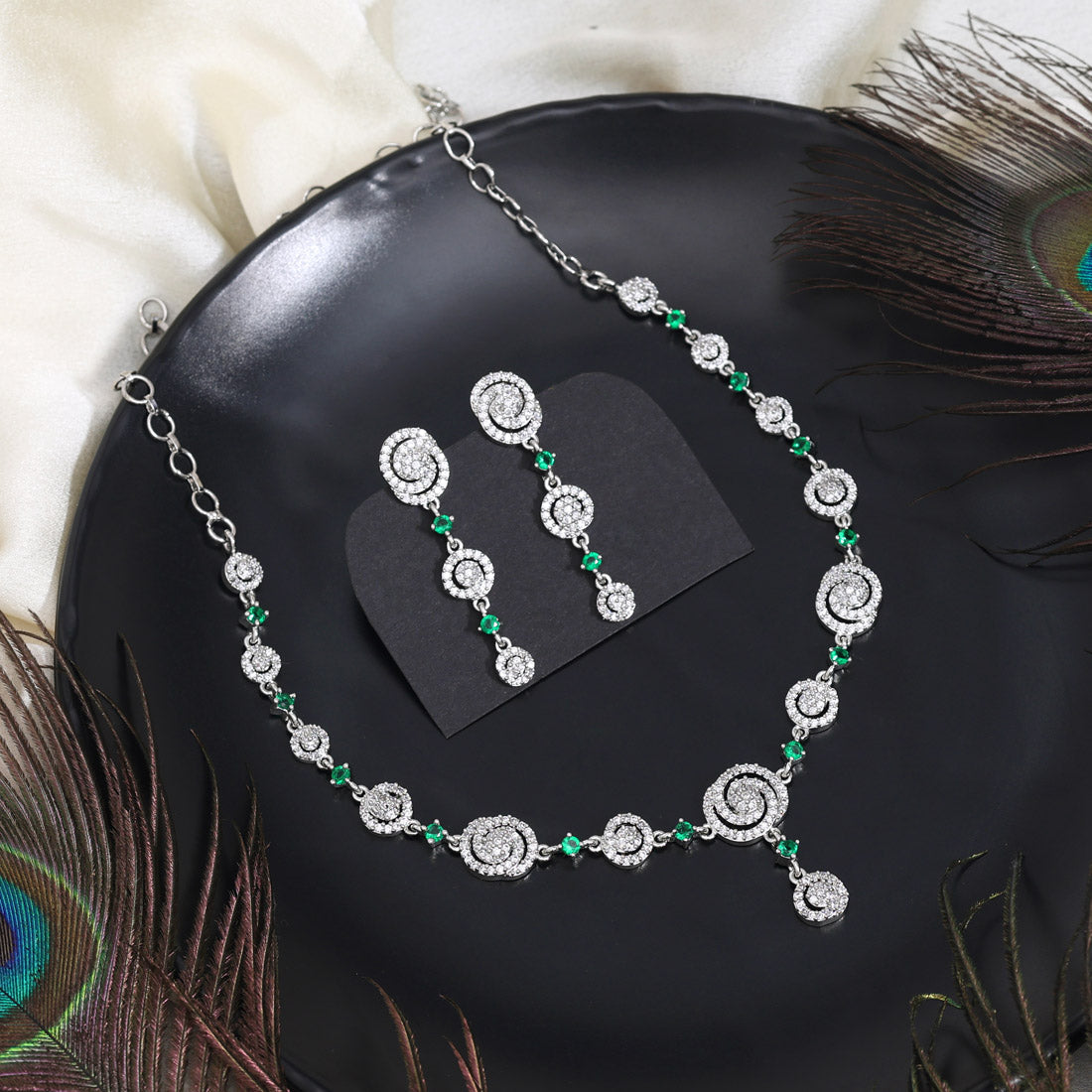 Green Color American Diamond Necklace Set (CZN1027GRN) - Preyans.com