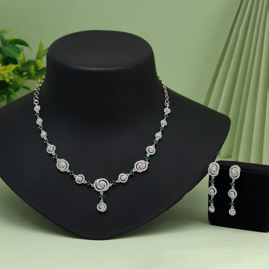 Green Color American Diamond Necklace Set (CZN1027GRN) - Preyans.com