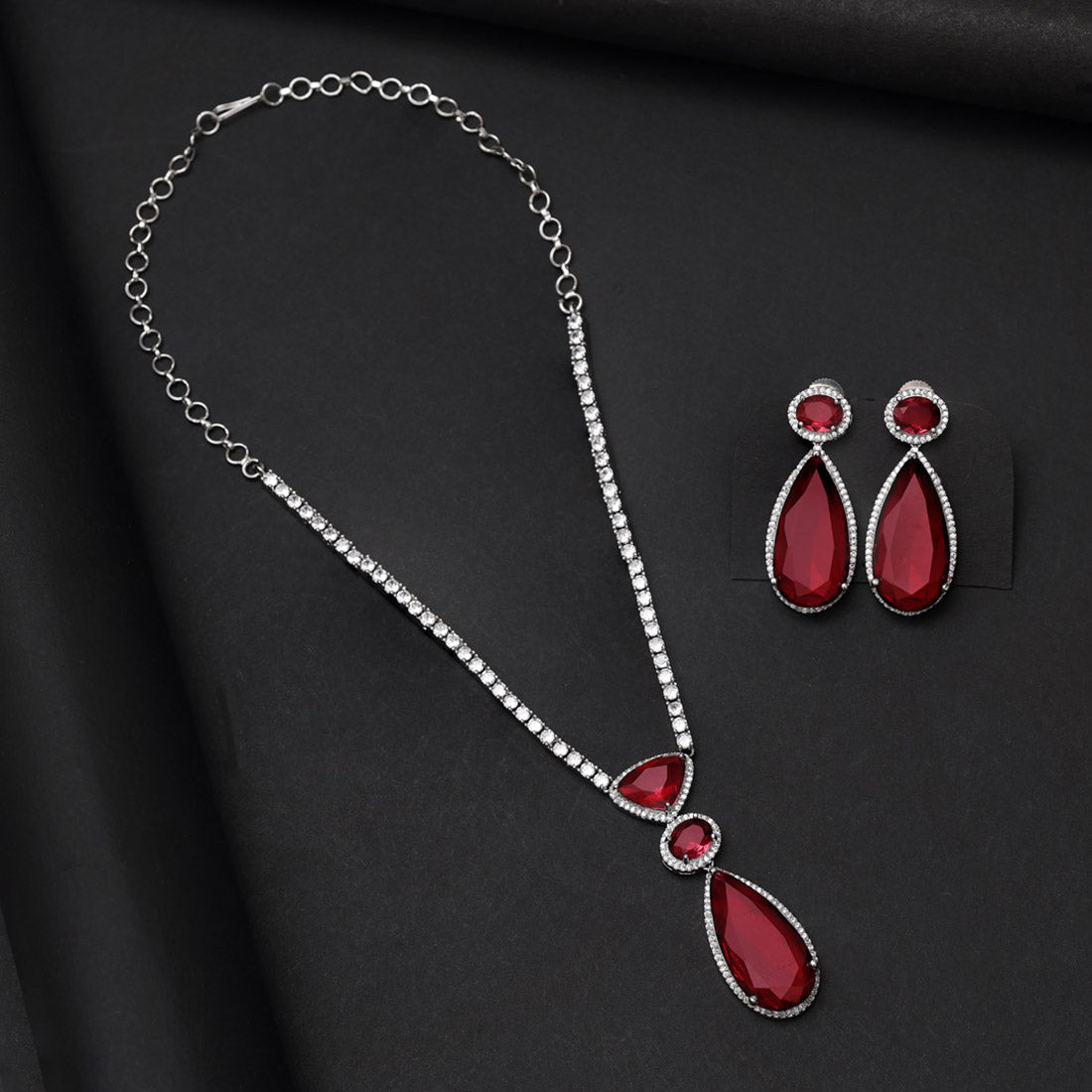 Ruby Color American Diamond Necklace Set (CZN1028RUBY) - Preyans.com