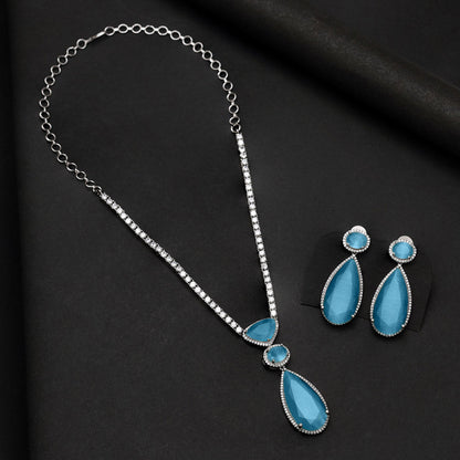 Sky Blue Color American Diamond Necklace Set (CZN1028SBLU) - Preyans.com