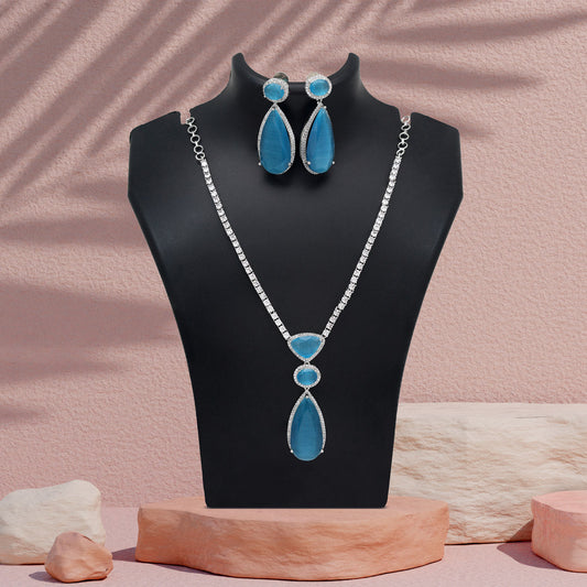 Sky Blue Color American Diamond Necklace Set (CZN1028SBLU) - Preyans.com