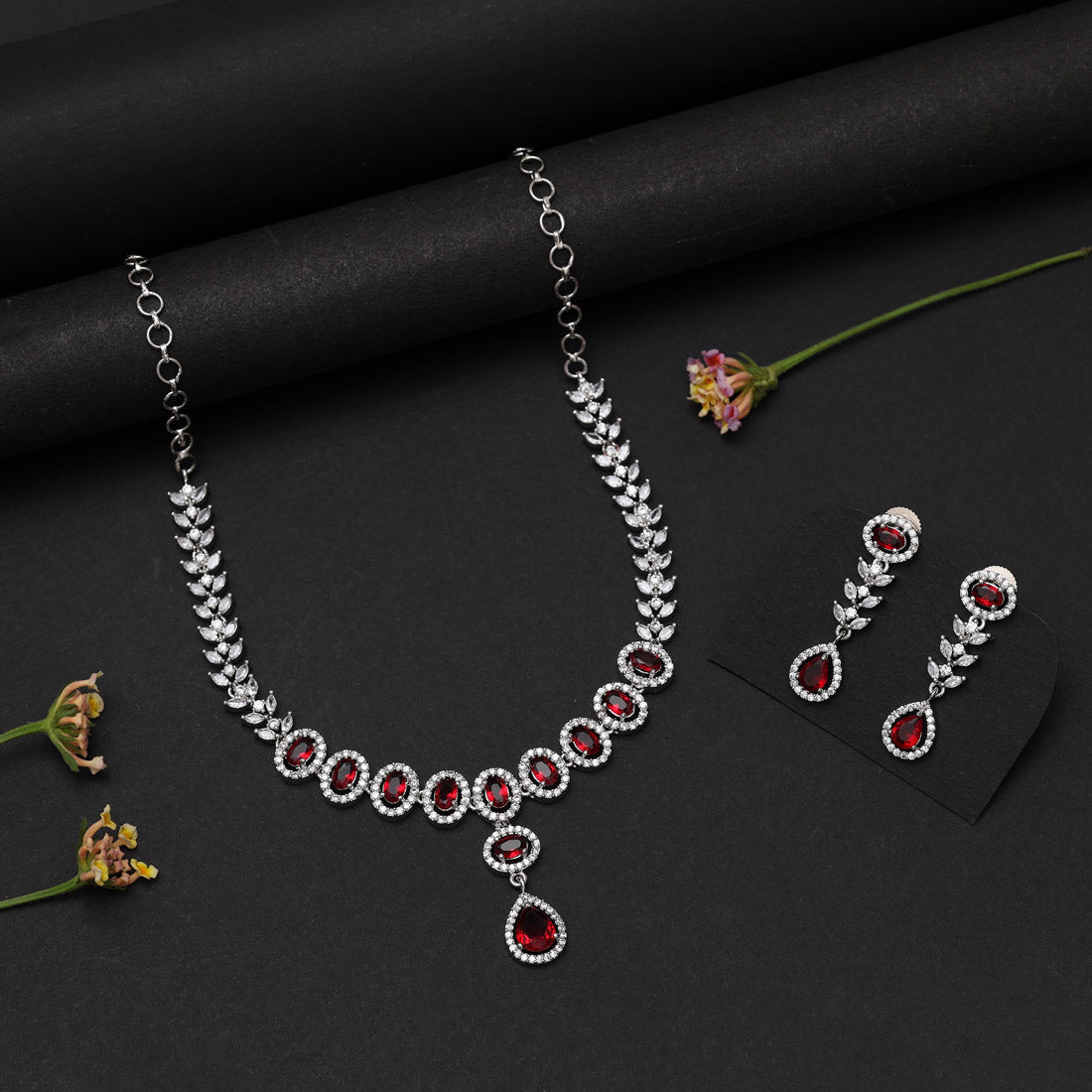 Red Color American Diamond Necklace Set (CZN1032RED) - Preyans.com