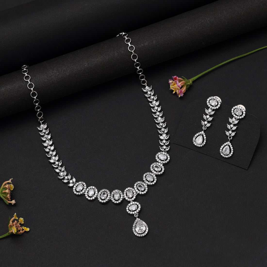 Silver Color American Diamond Necklace Set (CZN1032SLV) - Preyans.com