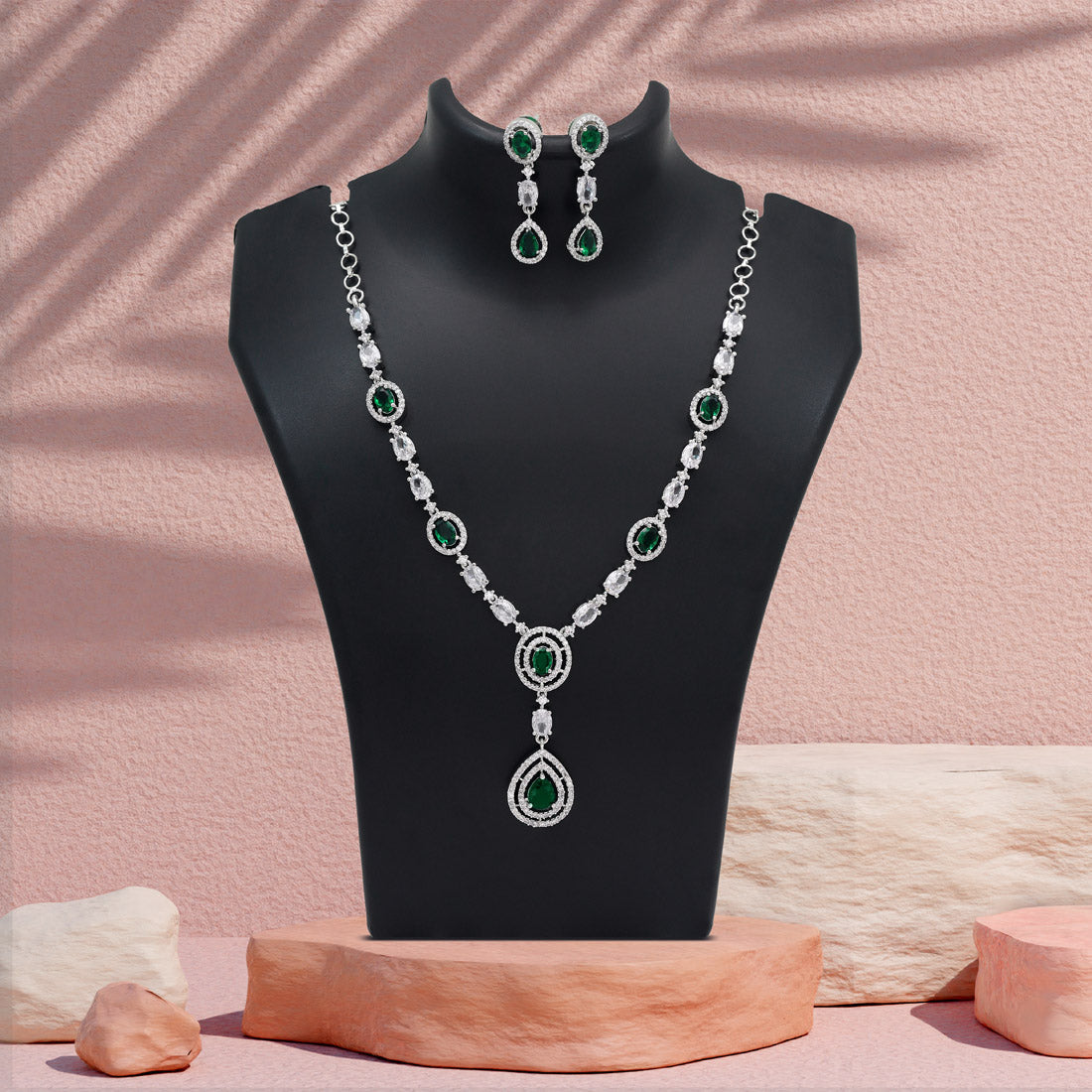 Green Color American Diamond Necklace Set (CZN1033GRN) - Preyans.com