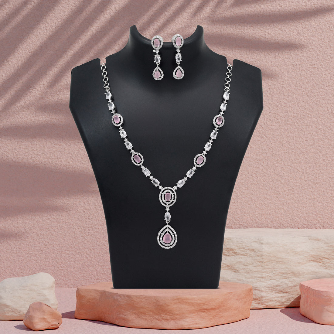 Pink Color American Diamond Necklace Set (CZN1033PNK) - Preyans.com