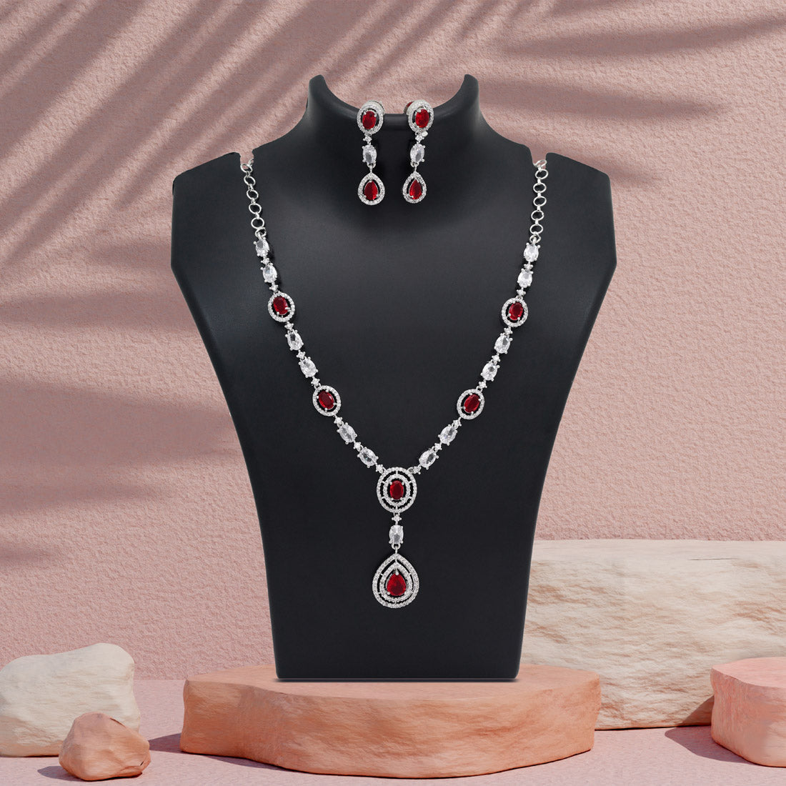 Red Color American Diamond Necklace Set (CZN1033RED) - Preyans.com