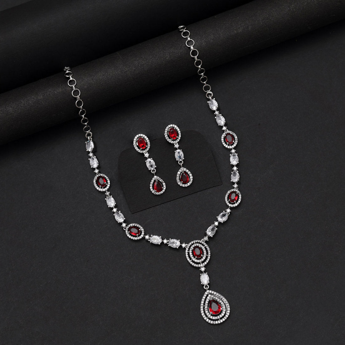 Red Color American Diamond Necklace Set (CZN1033RED) - Preyans.com