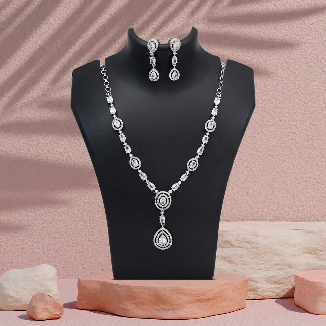 Silver Color American Diamond Necklace Set (CZN1033SLV) - Preyans.com