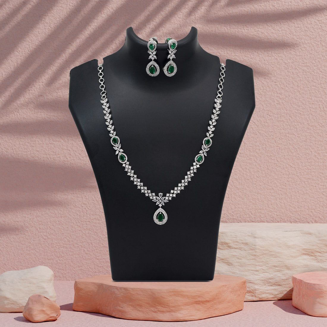 Green Color American Diamond Necklace Set (CZN1034GRN) - Preyans.com