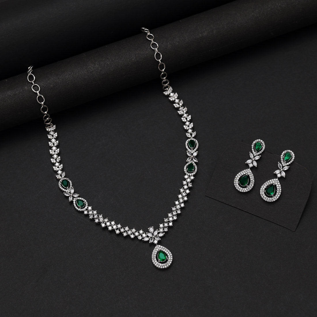 Green Color American Diamond Necklace Set (CZN1034GRN) - Preyans.com