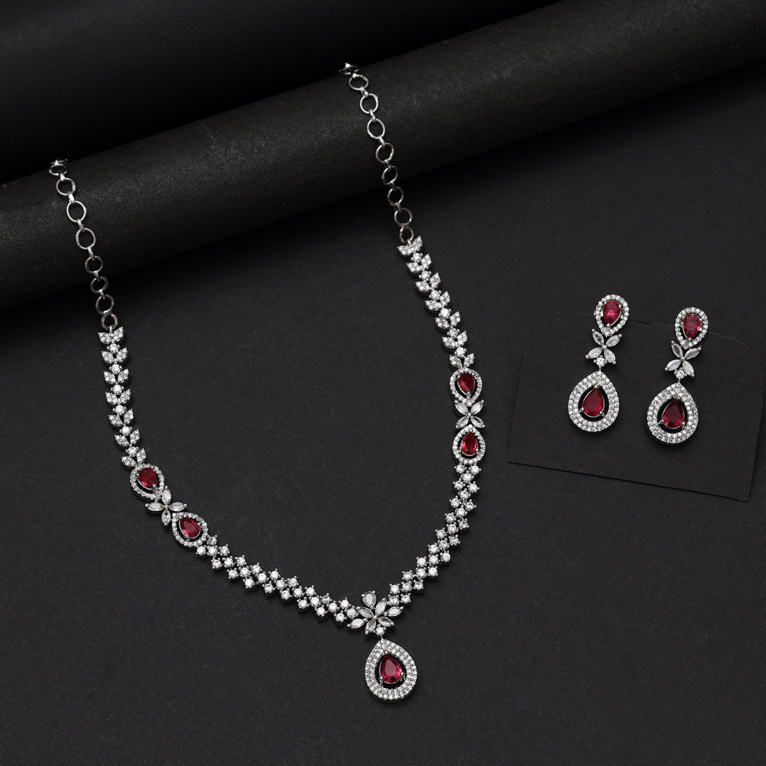 Ruby Color American Diamond Necklace Set (CZN1034RUBY) - Preyans.com