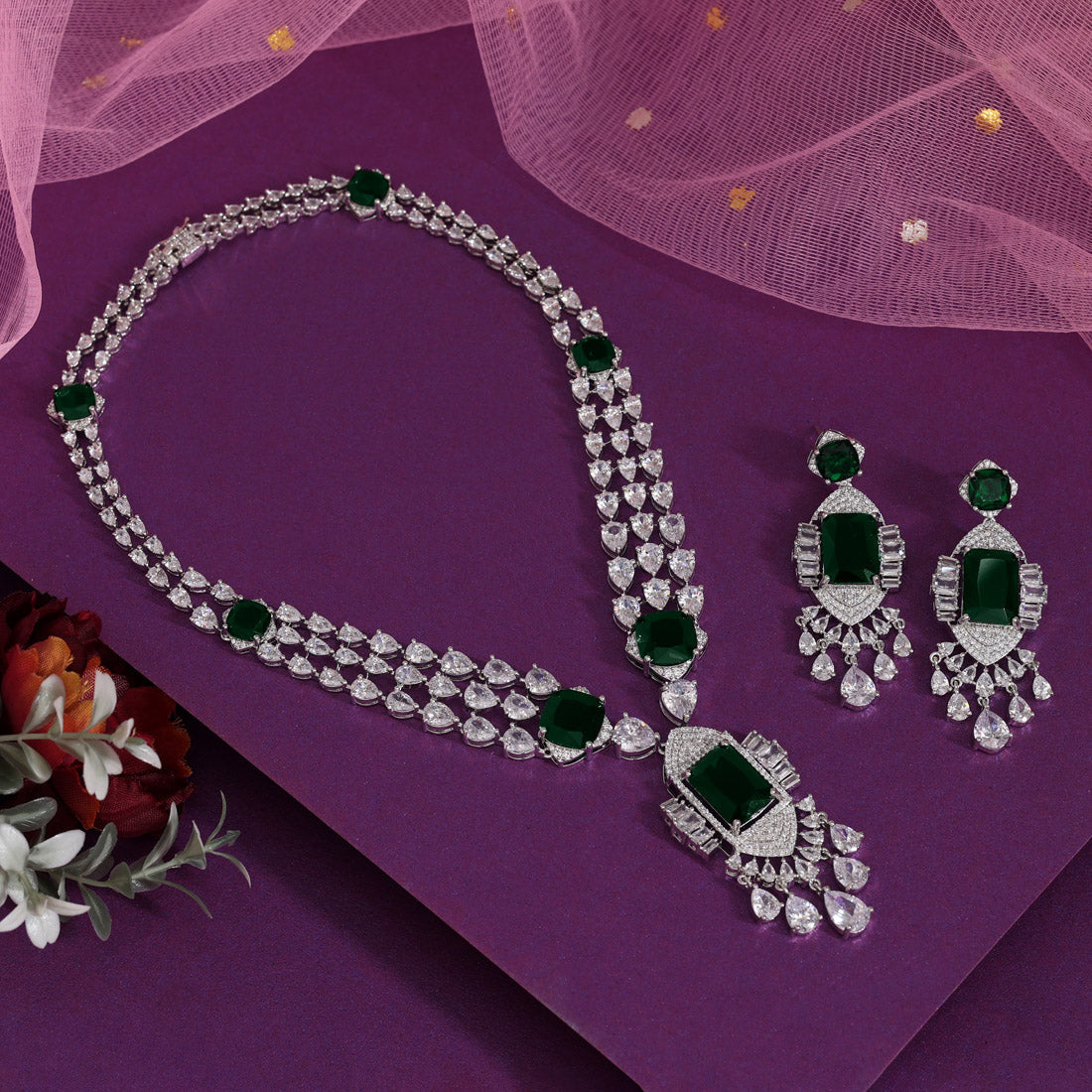 Green Color American Diamond Necklaces Set (CZN1040GRN) - Preyans.com