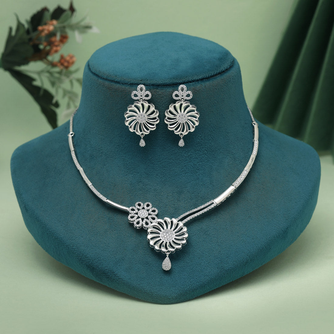 Silver Color American Diamond Necklaces Set (CZN1045SLV) - Preyans.com