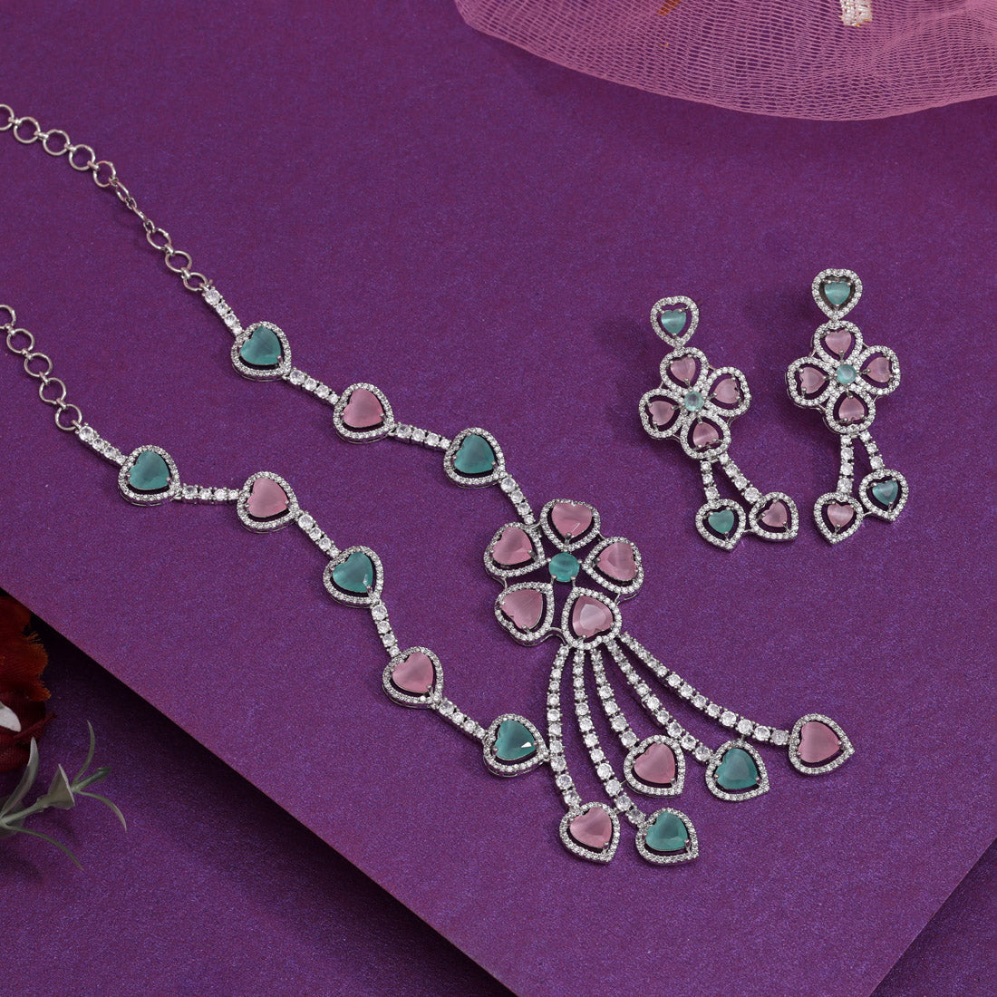 Pink & Pista Green Color American Diamond Necklaces Set (CZN1047PNKPGRN) - Preyans.com