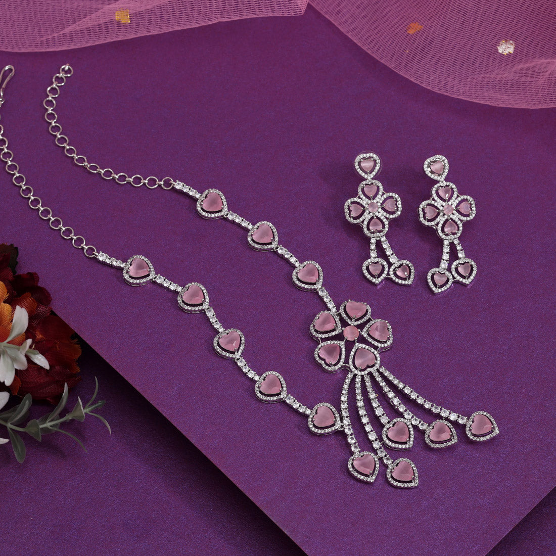 Pink Color American Diamond Necklaces Set (CZN1047PNK) - Preyans.com