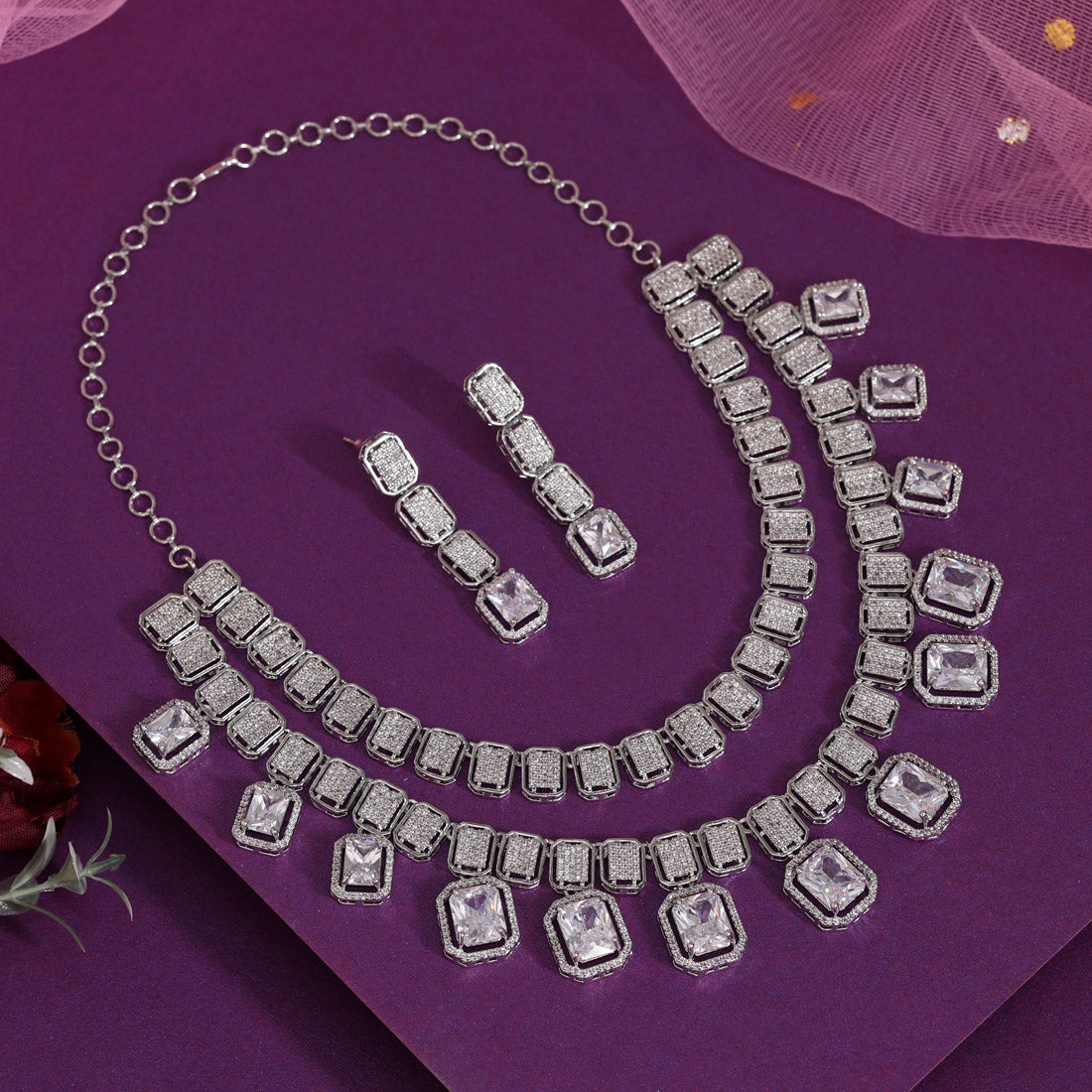 Silver Color American Diamond Necklaces Set (CZN1052SLV) - Preyans.com