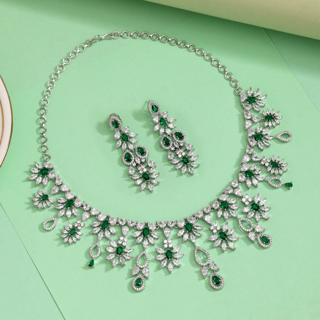 Green Color American Diamond Necklaces Set (CZN1053GRN) - Preyans.com