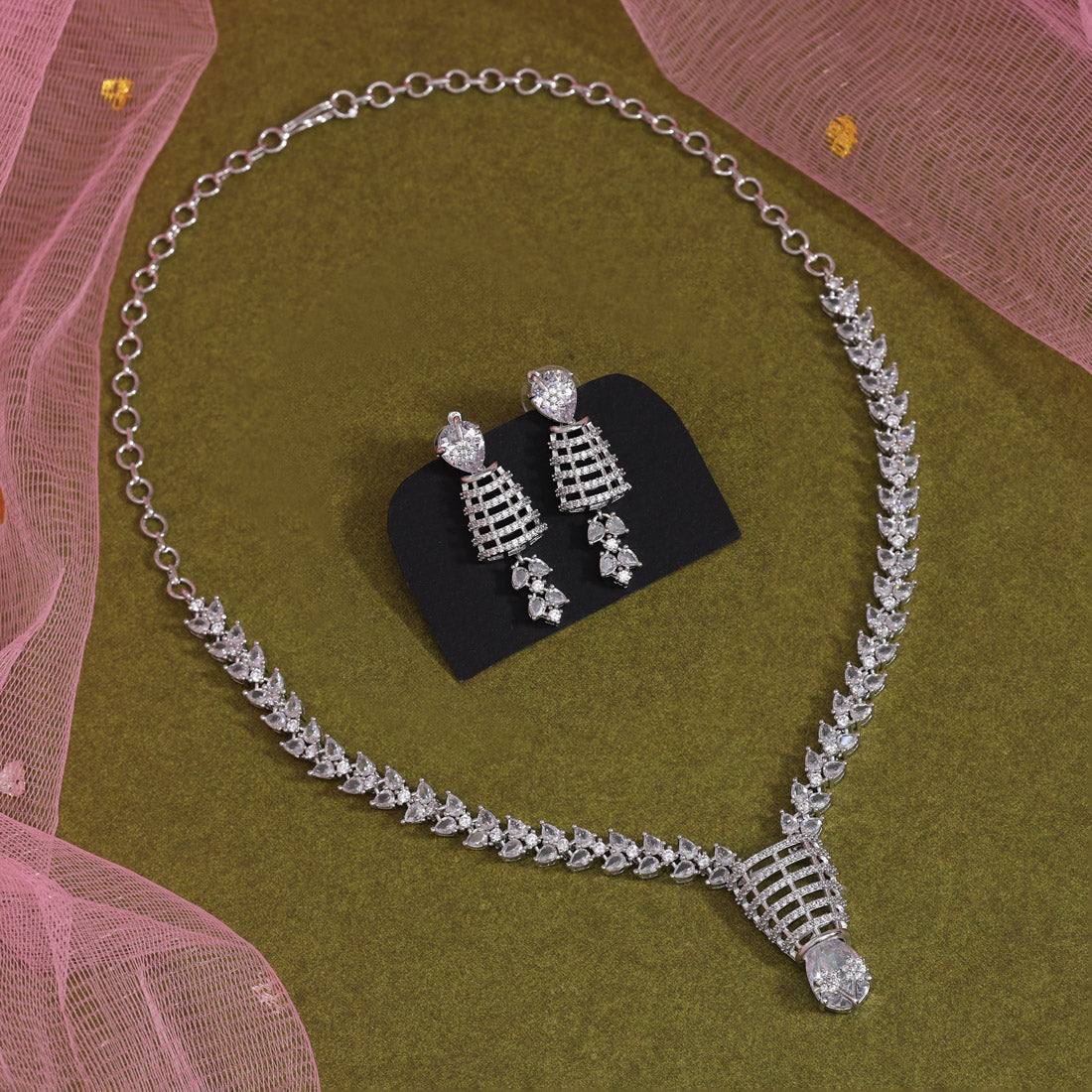 Silver Color American Diamond Necklaces Set (CZN1055SLV) - Preyans.com