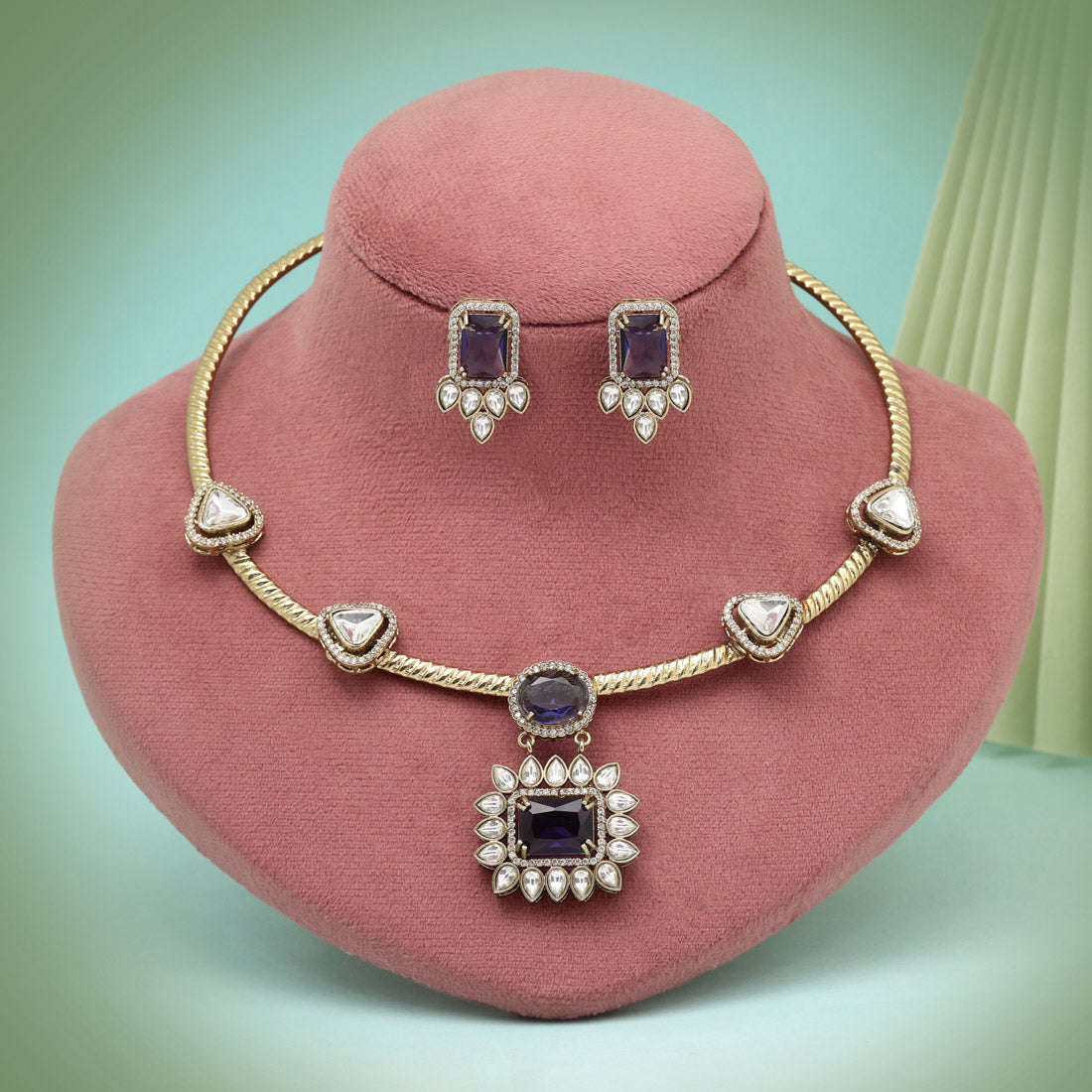 Purple Color Unique Handmade Brass Metal With Monalisa Stones & Moissanite Kundan Apala Polish Hasli Necklace Of Jaipur (CZN1058PRP) - Preyans.com