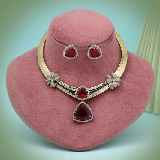 Maroon Color Unique Handmade Brass Metal With Monalisa Stones & American Diamond Apala Polish Hasli Necklace Of Jaipur (CZN1059MRN) - Preyans.com